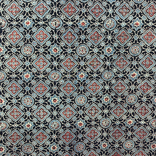 Ajrakh Black Floral Hand Block Printed Fabric
