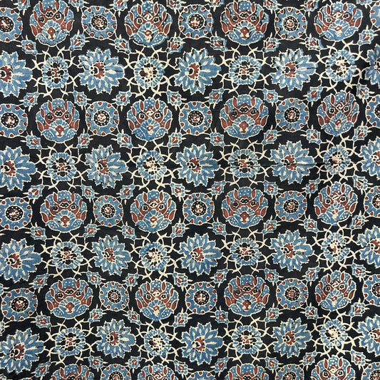 Ajrakh Black Floral Hand Block Printed Fabric