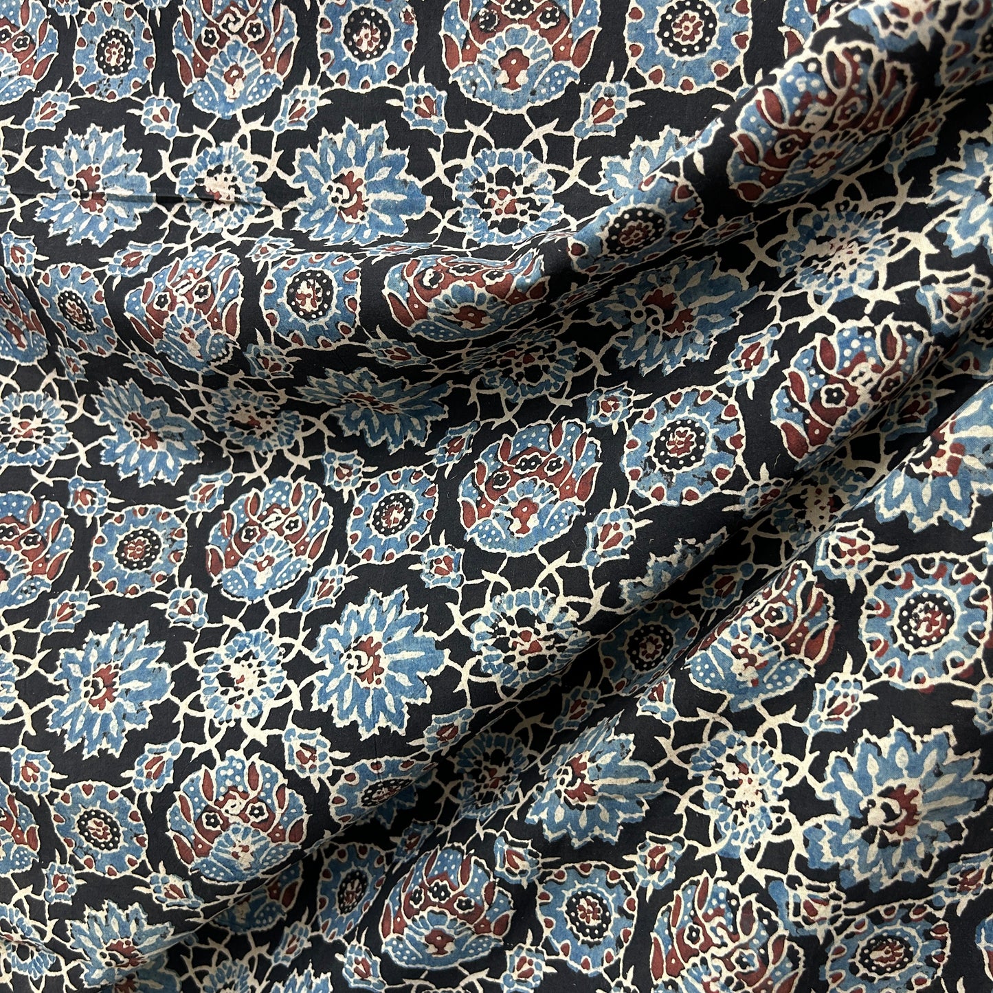 Ajrakh Black Floral Hand Block Printed Fabric