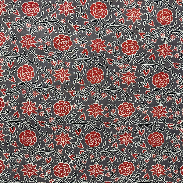Ajrakh Brown Floral Hand Block Printed Fabric
