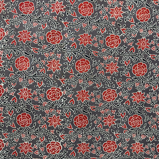 Ajrakh Brown Floral Hand Block Printed Fabric