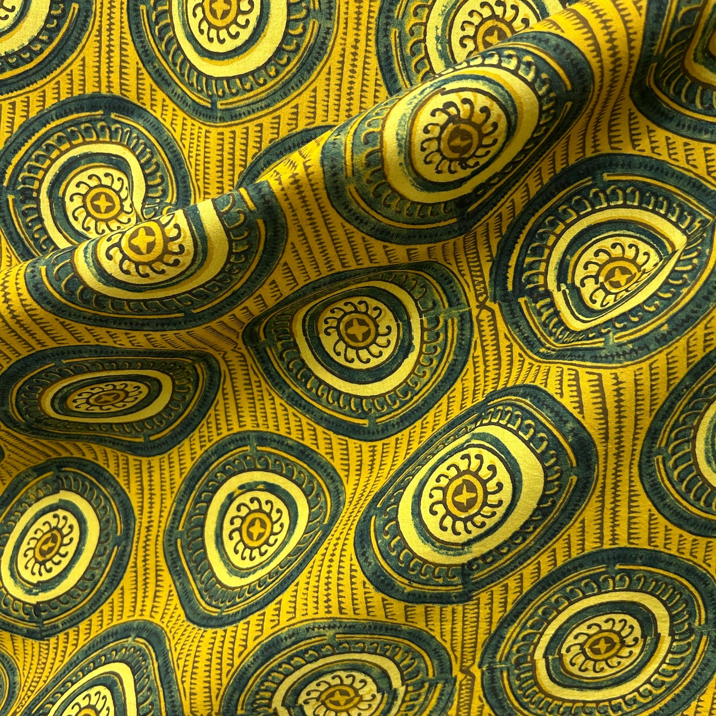 Ajrakh Yellow Floral Hand Block Printed Fabric
