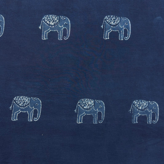 Dabu Blue Elephant Motif Hand Block Printed Fabric