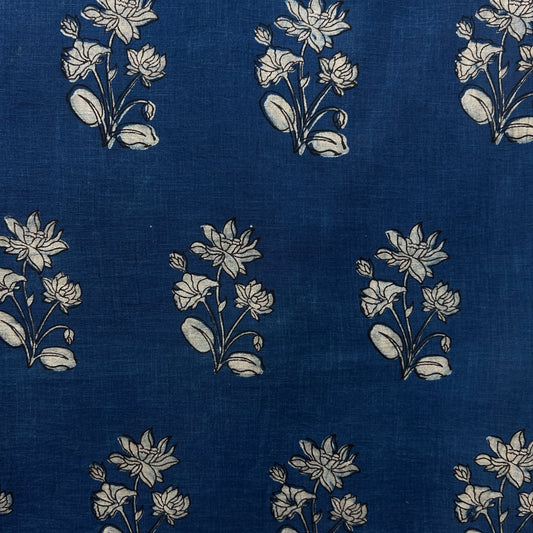 Dabu Blue Slub Cotton Floral Hand Block Printed Fabric