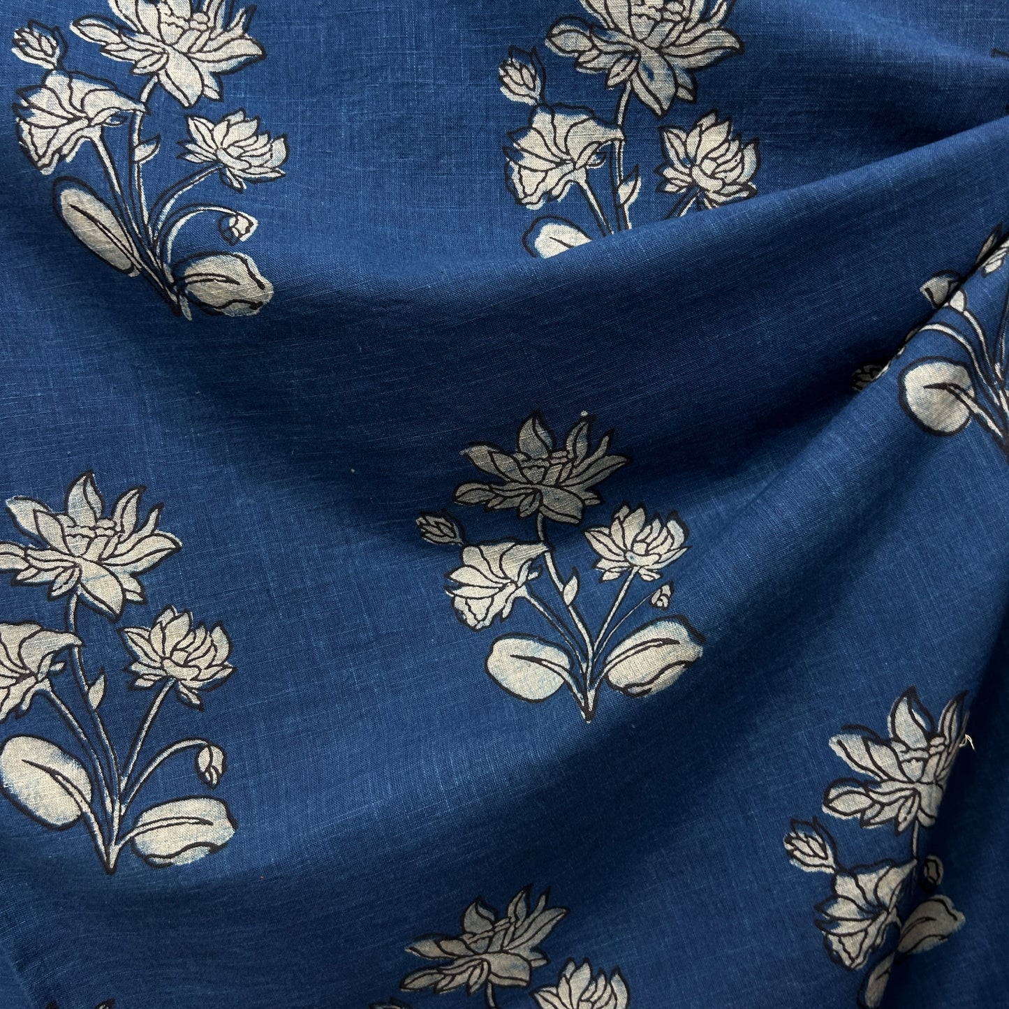 Dabu Blue Slub Cotton Floral Hand Block Printed Fabric