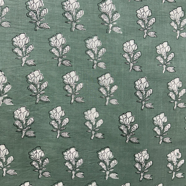 Dabu Green Floral Slub Cotton Hand Block Printed Fabric