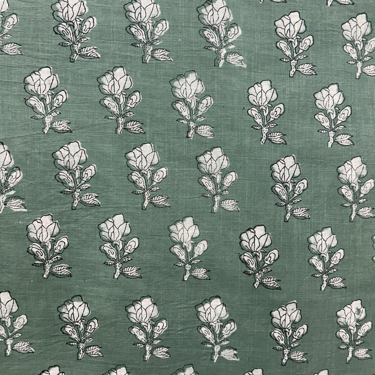 Dabu Green Floral Slub Cotton Hand Block Printed Fabric
