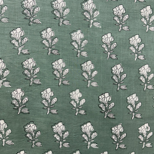 Dabu Green Floral Slub Cotton Hand Block Printed Fabric