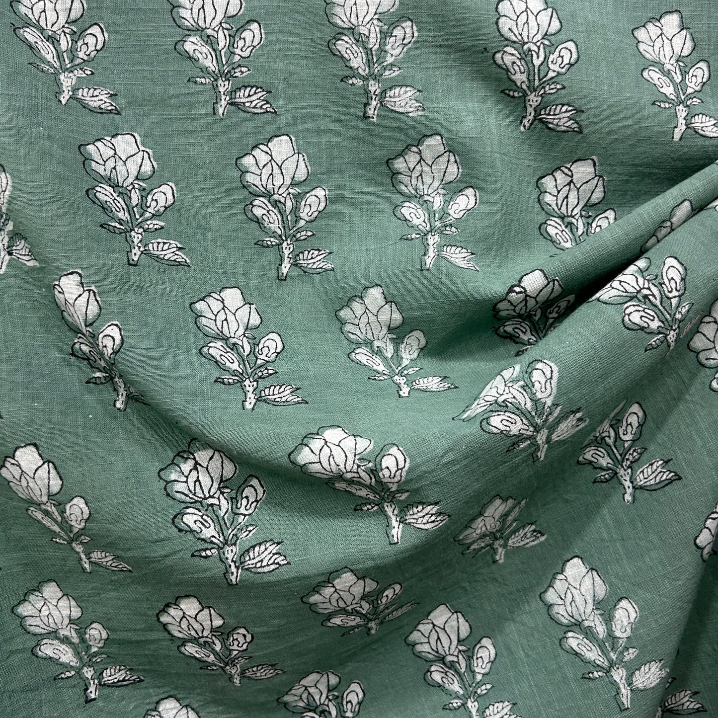 Dabu Green Floral Slub Cotton Hand Block Printed Fabric