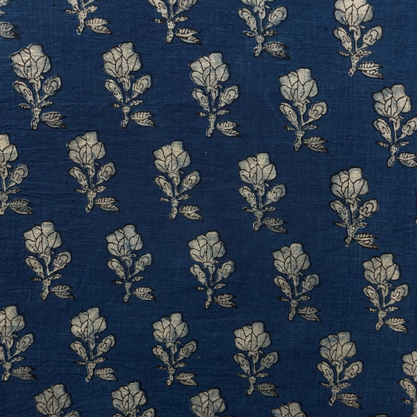 Dabu Blue Slub Cotton  Floral Hand Block Printed Fabric