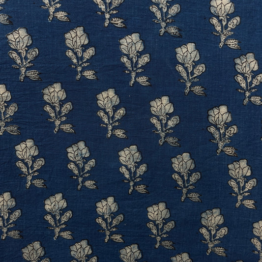 Dabu Blue Slub Cotton  Floral Hand Block Printed Fabric