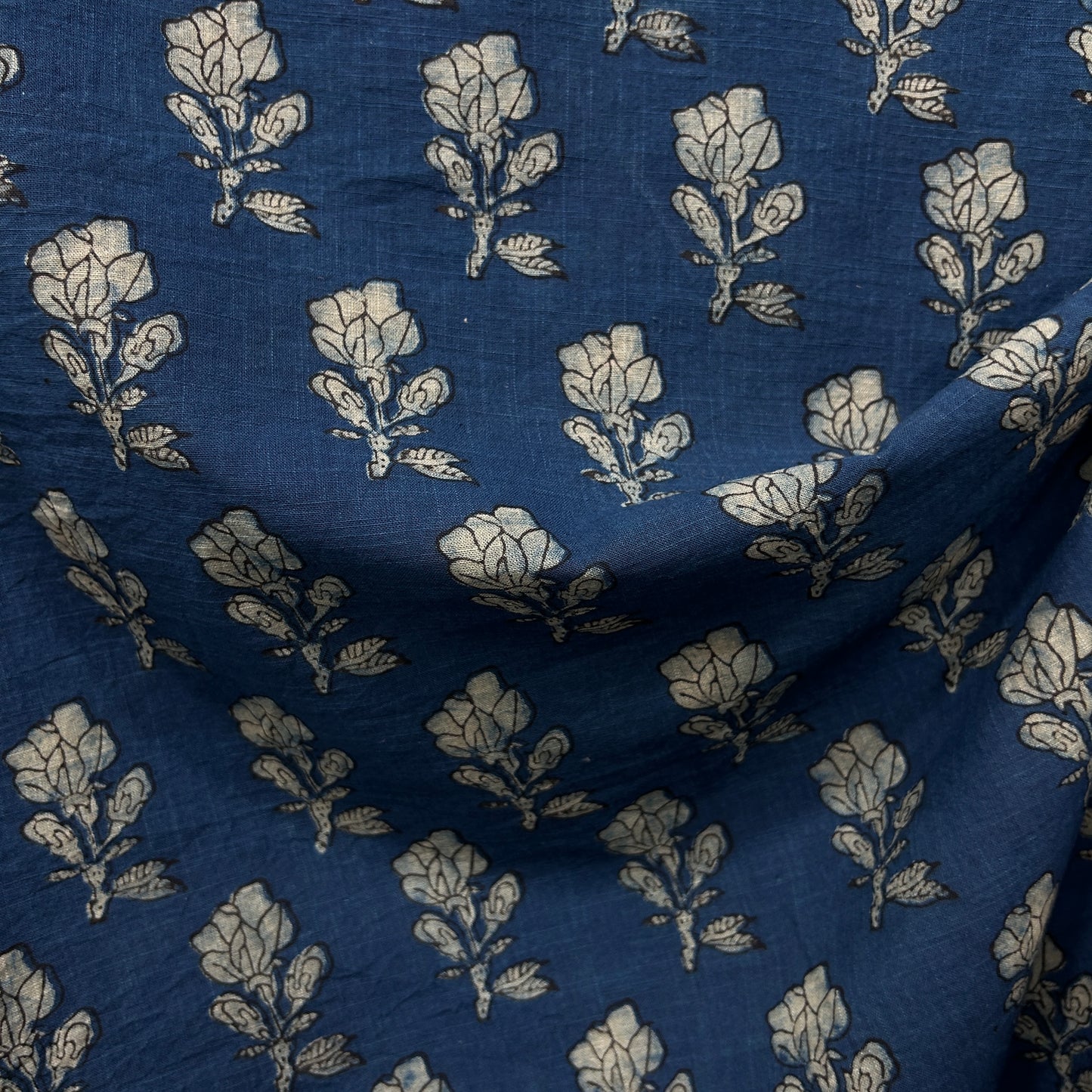 Dabu Blue Slub Cotton  Floral Hand Block Printed Fabric