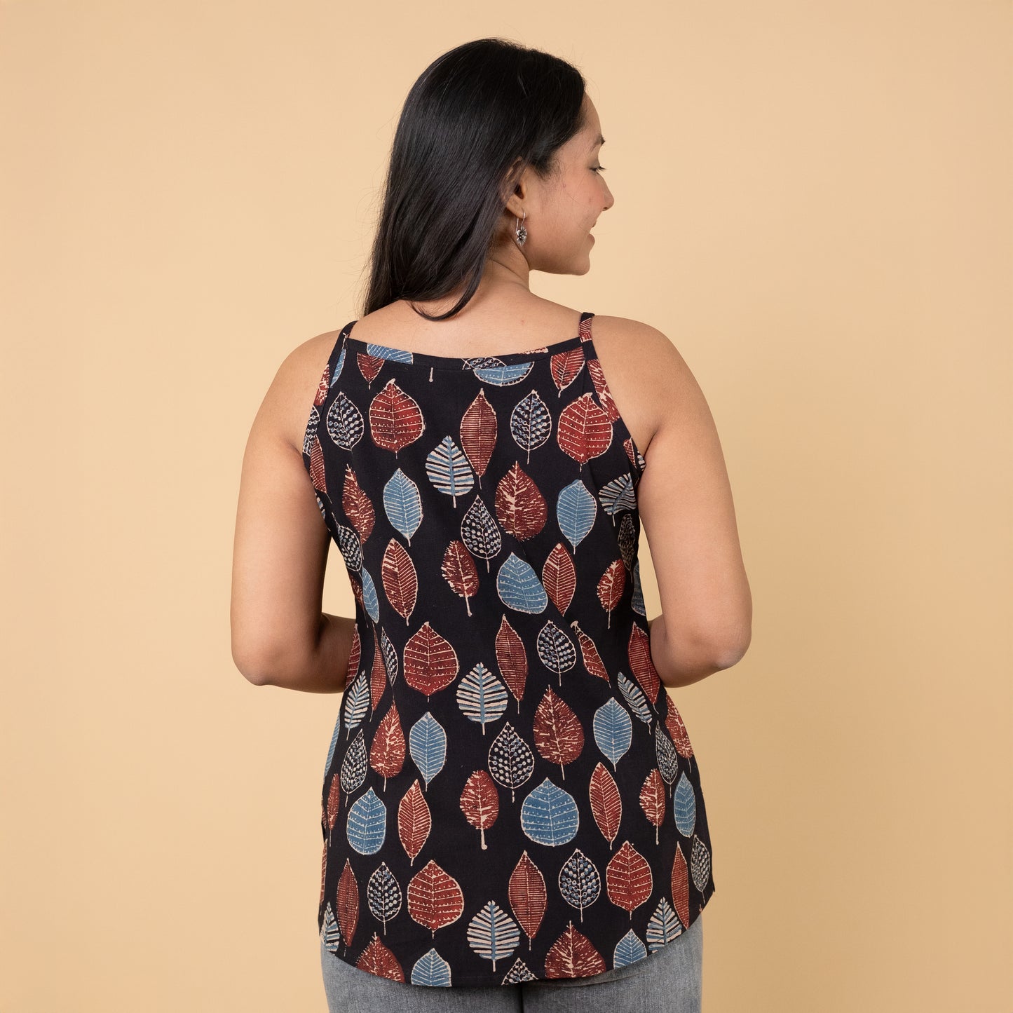 Ajrakh Black Hand Block Printed Spagetti Top