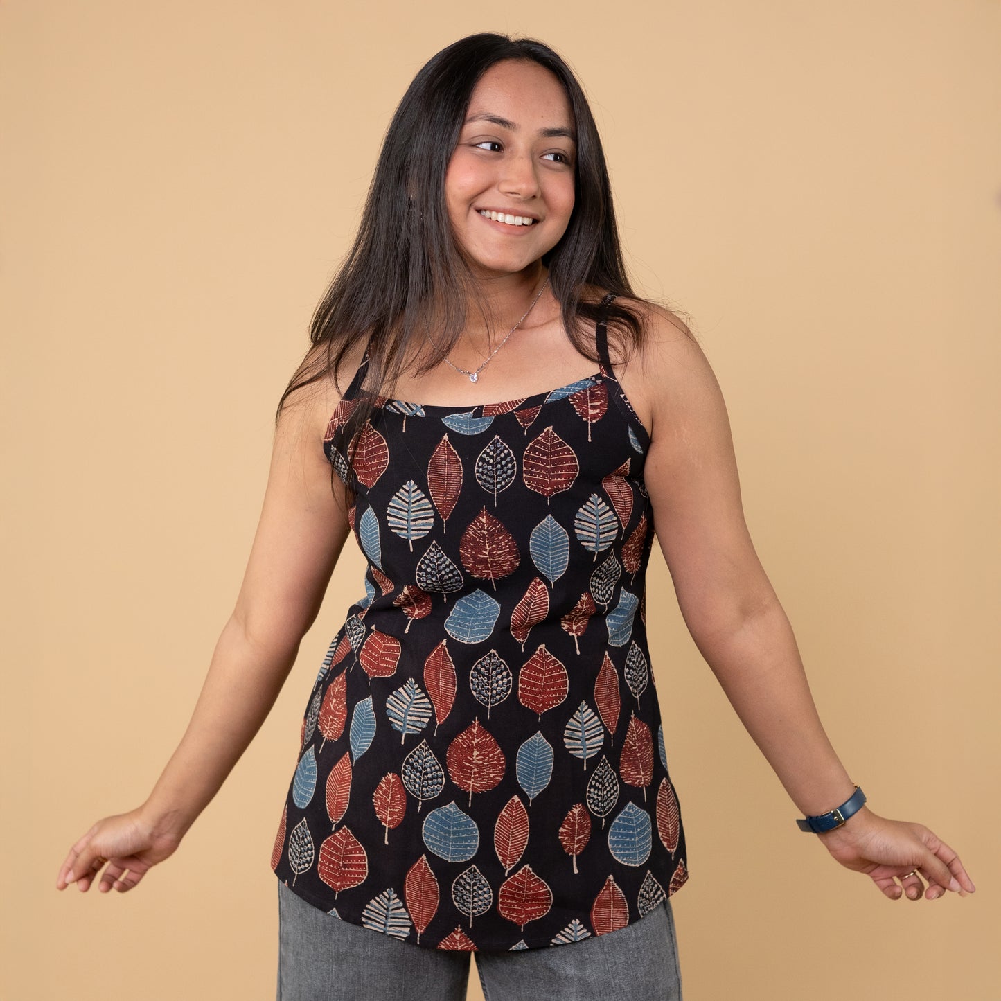Ajrakh Black Hand Block Printed Spagetti Top