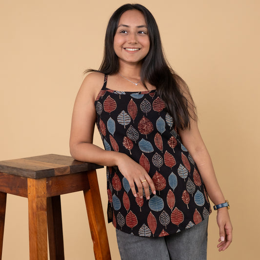 Ajrakh Black Hand Block Printed Spagetti Top