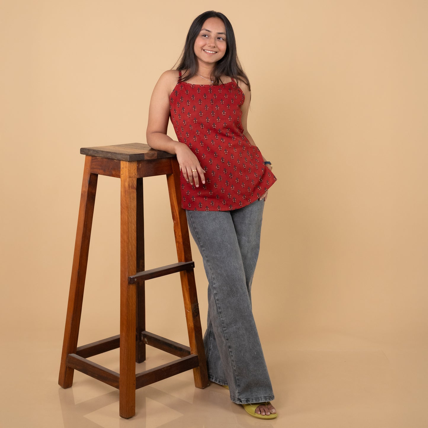 Ajrakh Red Hand Block Printed Spagetti Top