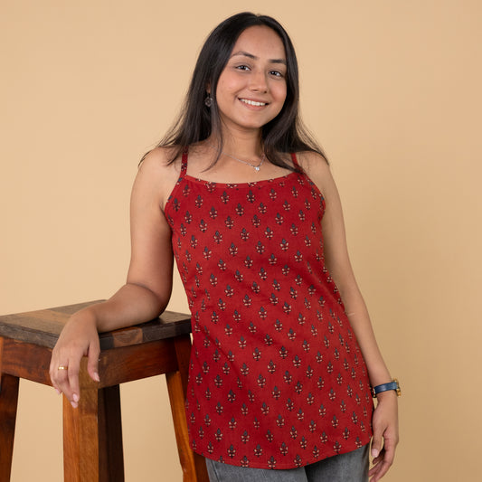 Ajrakh Red Hand Block Printed Spagetti Top