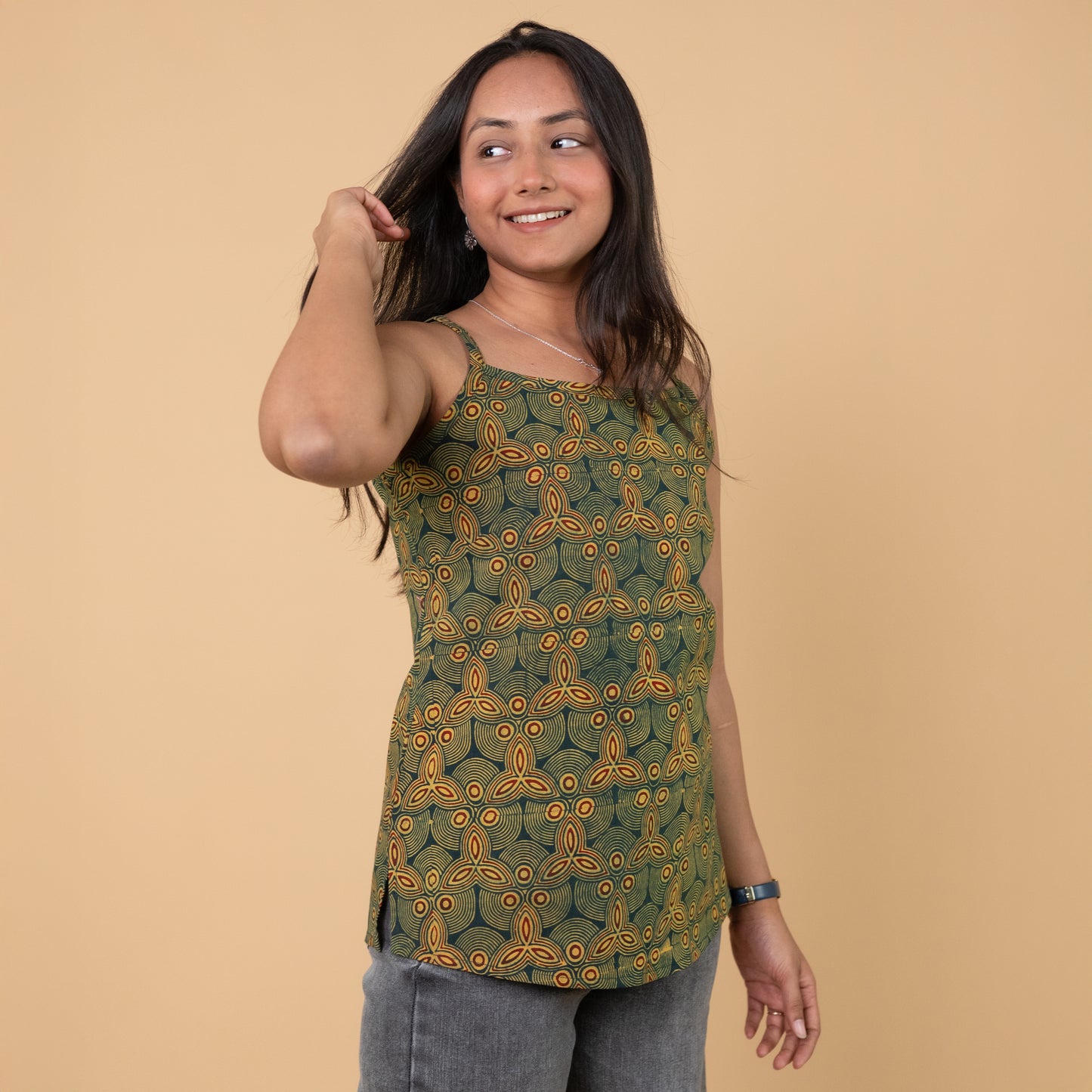 Ajrakh Green Hand Block Printed Spagetti Top