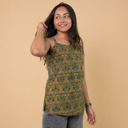 Ajrakh Green Hand Block Printed Spagetti Top