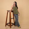 Ajrakh Green Hand Block Printed Spagetti Top