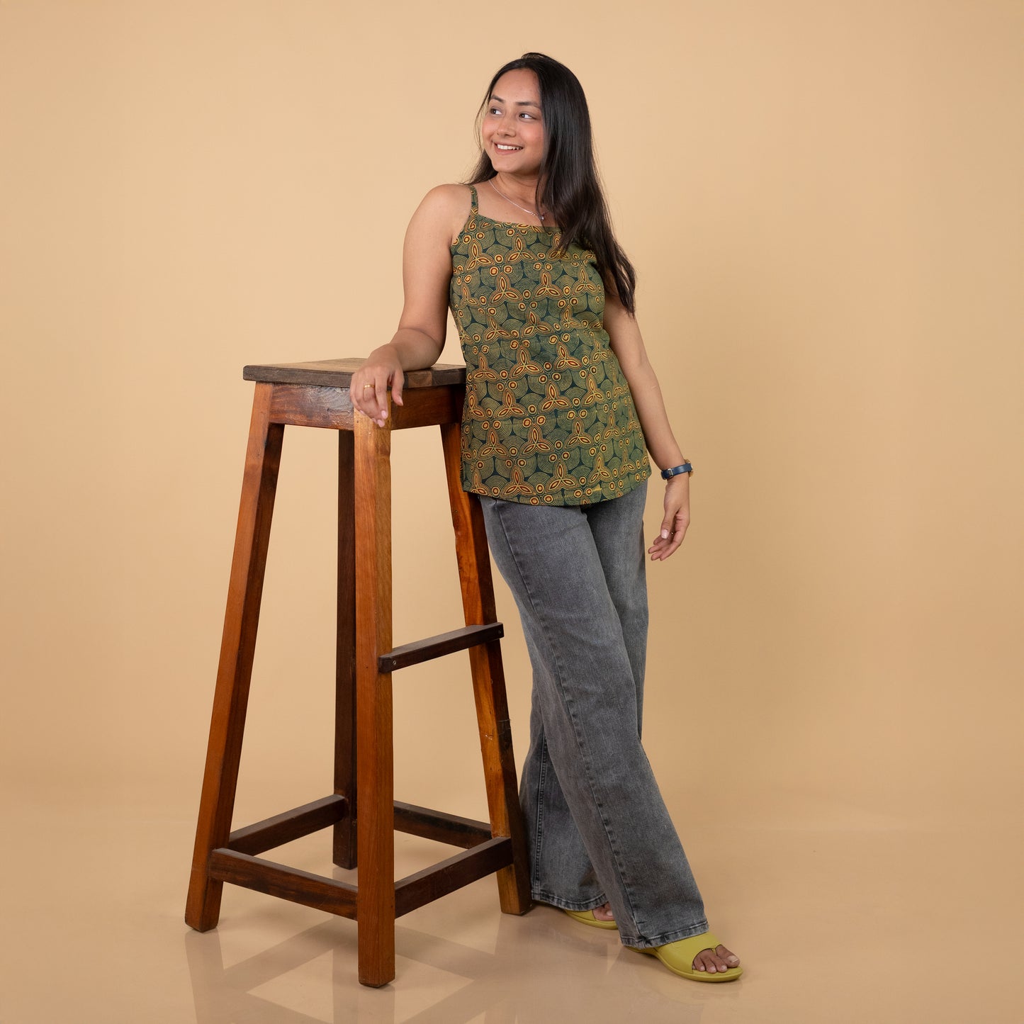 Ajrakh Green Hand Block Printed Spagetti Top