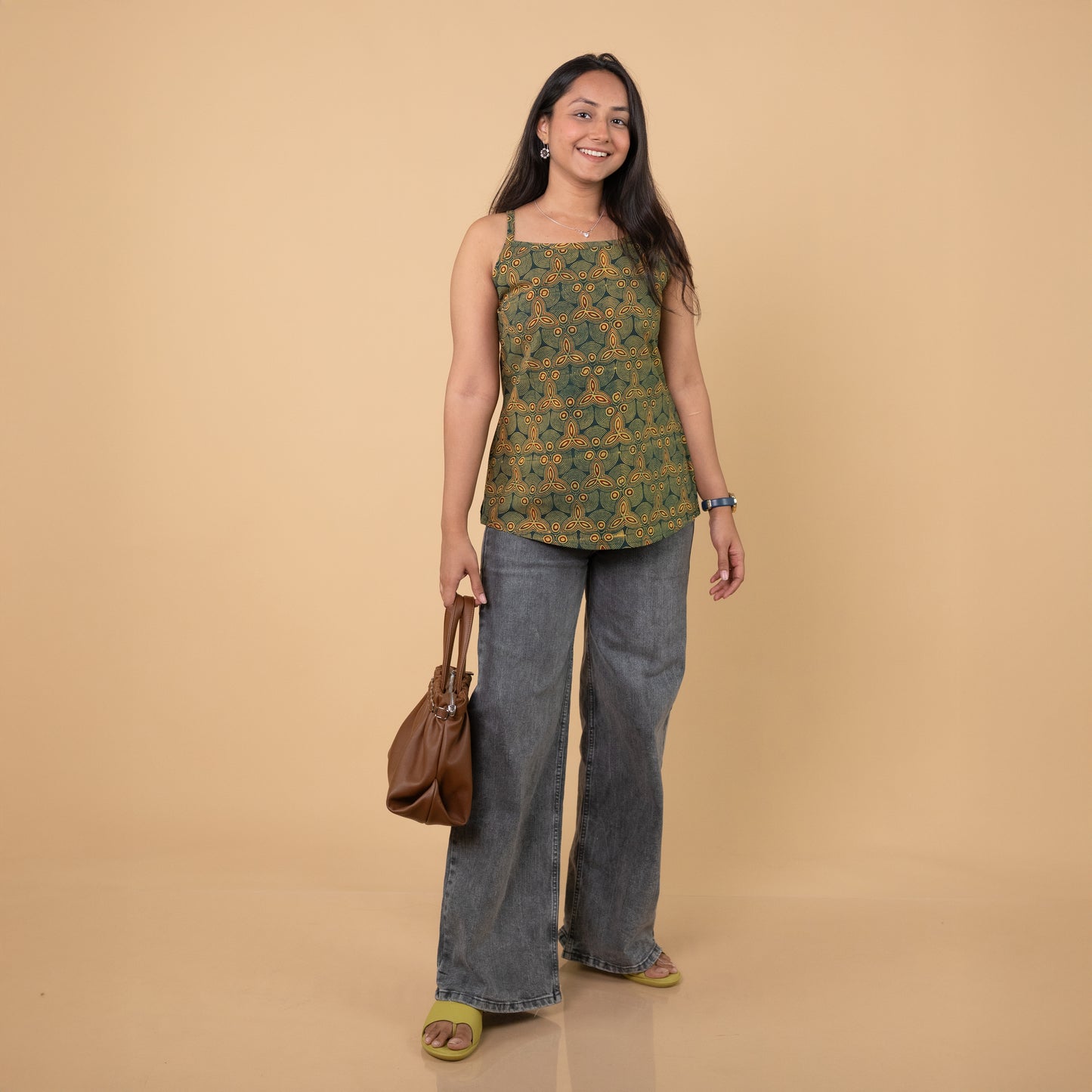Ajrakh Green Hand Block Printed Spagetti Top
