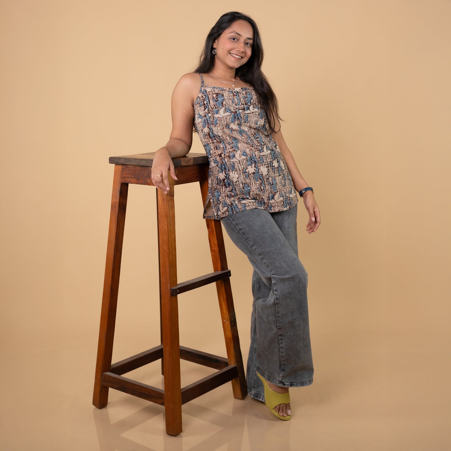 Ajrakh Cream Hand Block Printed Spagetti Top