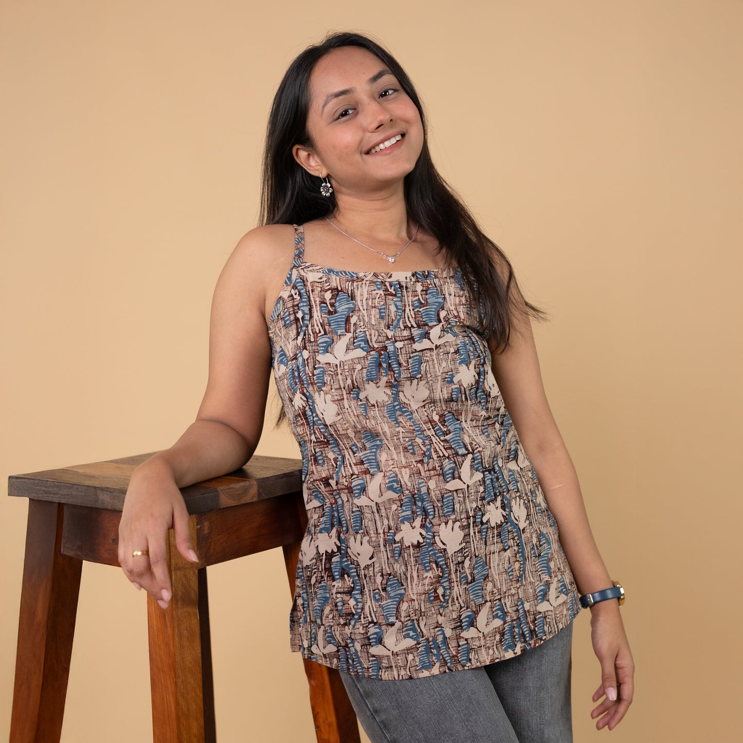 Ajrakh Cream Hand Block Printed Spagetti Top