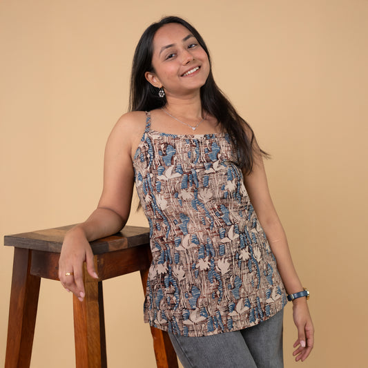 Ajrakh Cream Hand Block Printed Spagetti Top