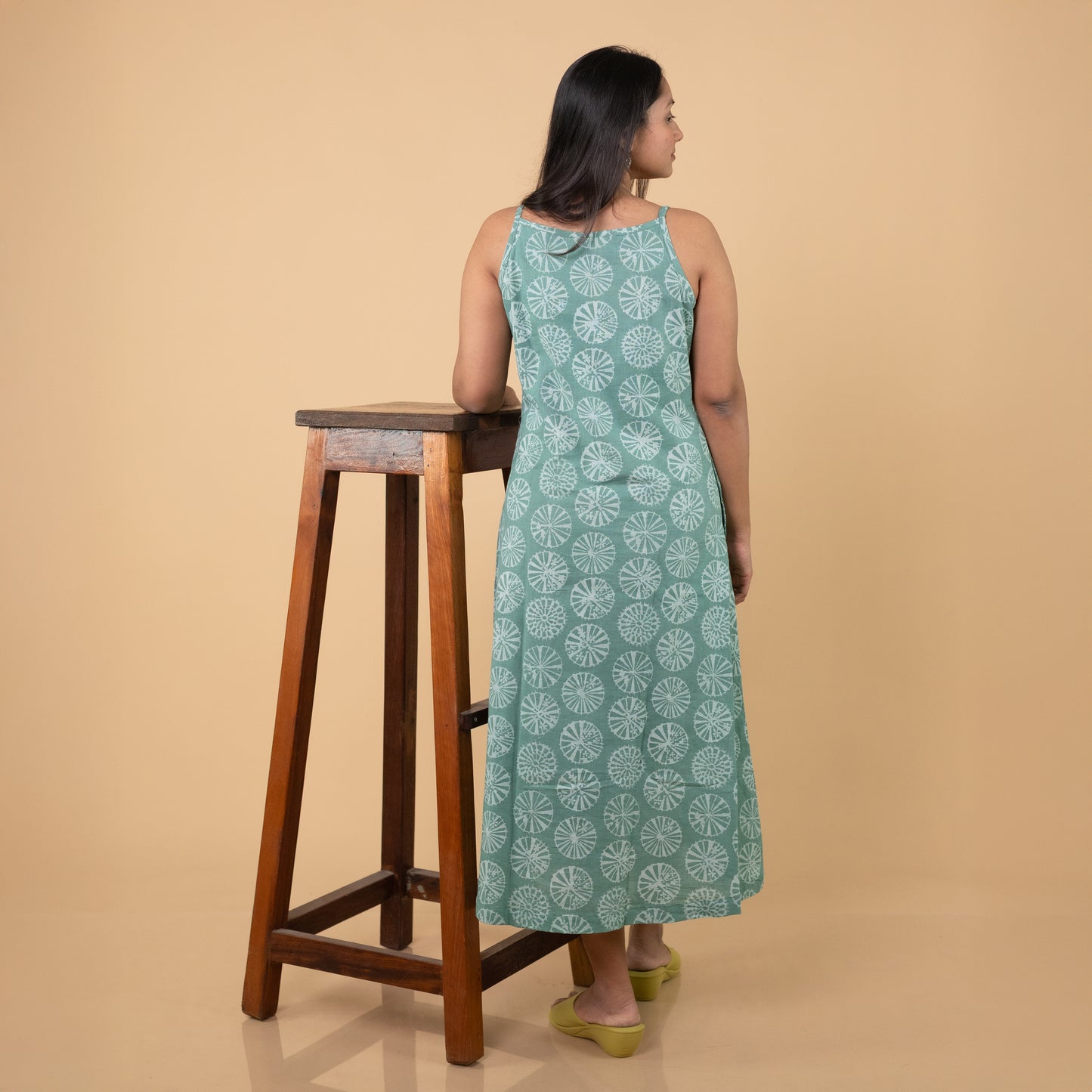 Dabu Slub Cotton Green Geometric Block Print Spagetti Strap Dress