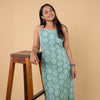 Dabu Slub Cotton Green Geometric Block Print Spagetti Strap Dress