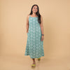 Dabu Slub Cotton Green Geometric Block Print Spagetti Strap Dress