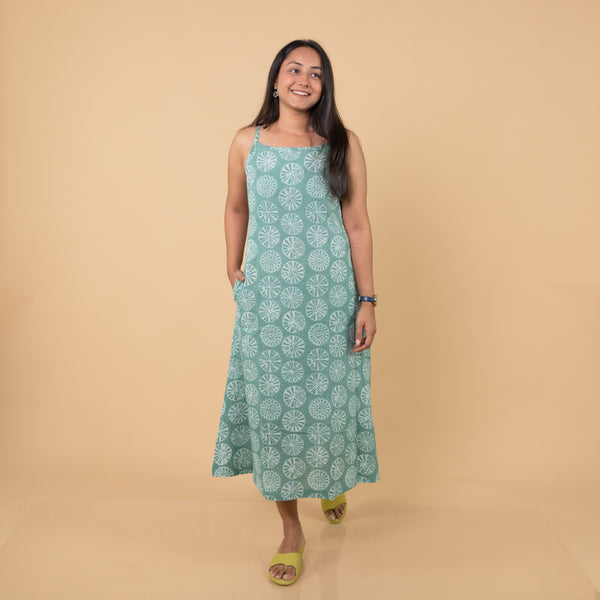 Dabu Slub Cotton Green Geometric Block Print Spagetti Strap Dress