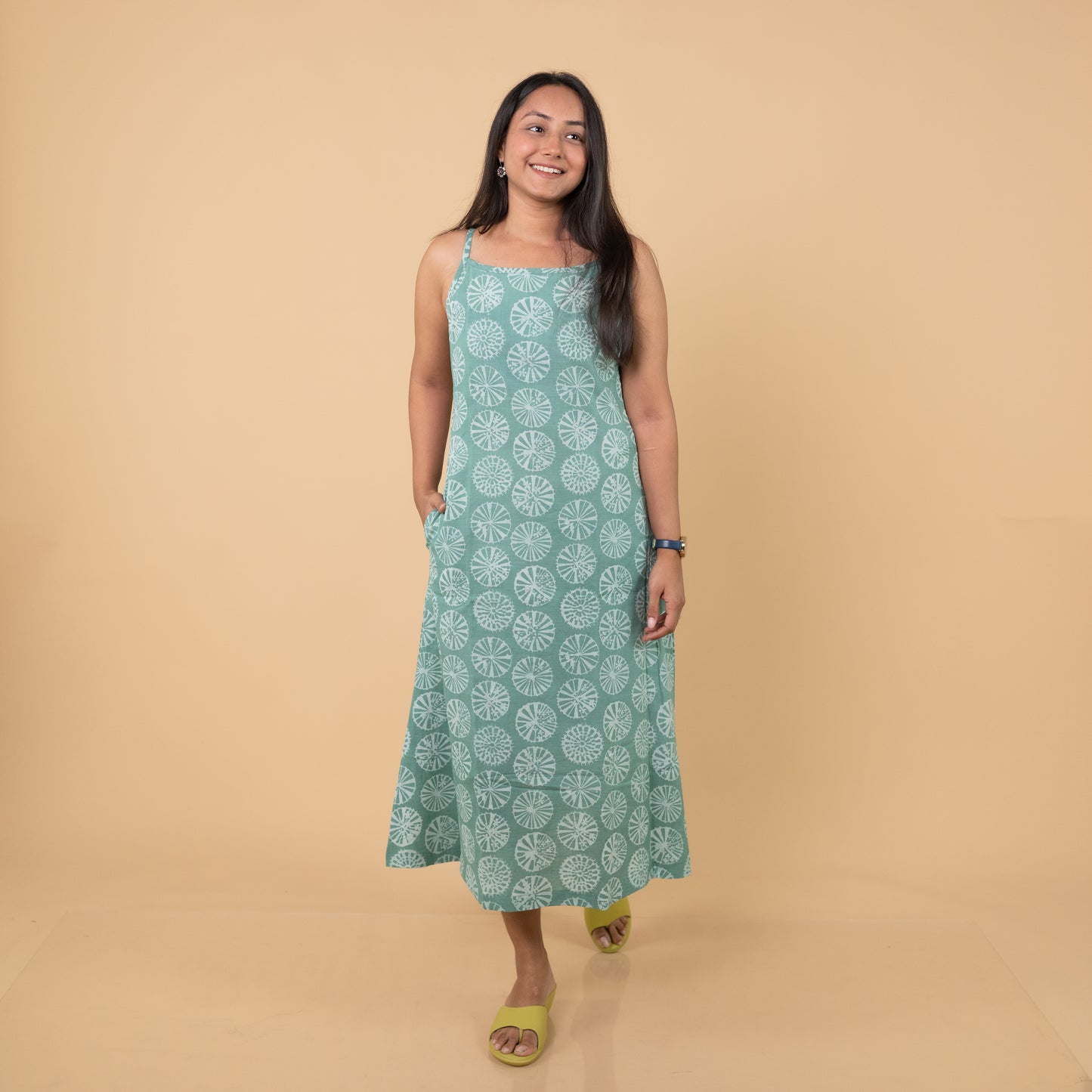 Dabu Slub Cotton Green Geometric Block Print Spagetti Strap Dress