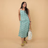 Dabu Slub Cotton Green Geometric Block Print Spagetti Strap Dress