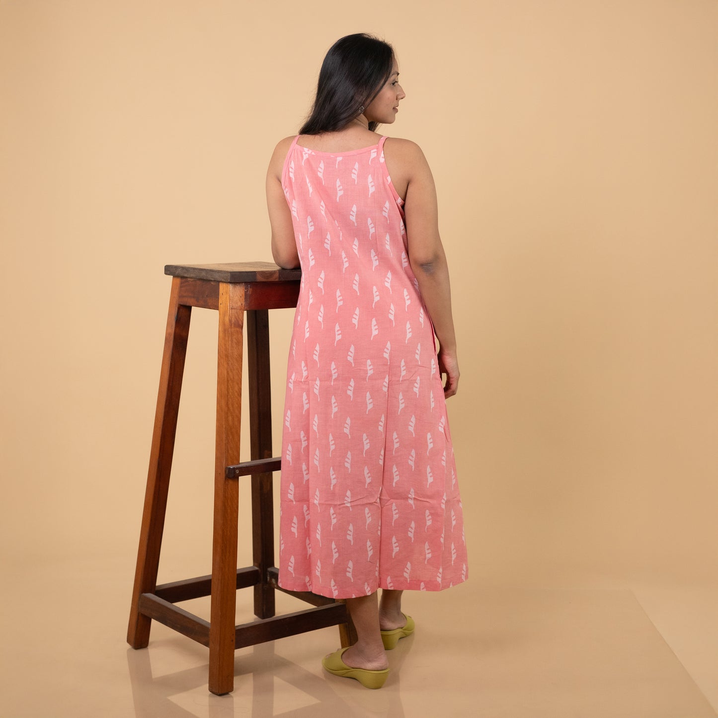 Dabu Slub Cotton Pink Floral Block Print Spagetti Strap Dress