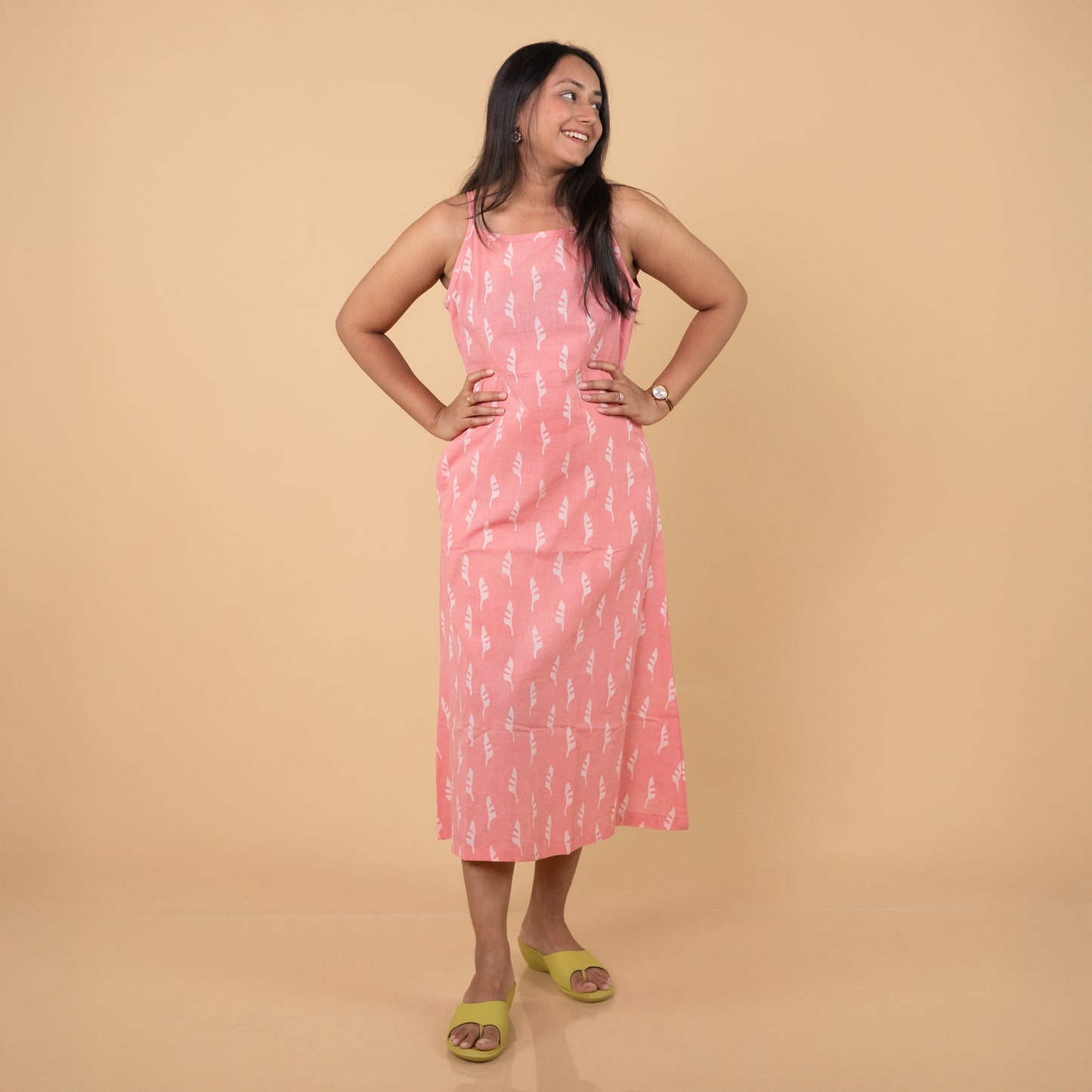 Dabu Slub Cotton Pink Floral Block Print Spagetti Strap Dress