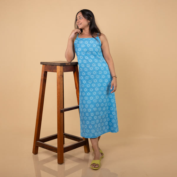 Dabu Slub Cotton Blue Floral Block Print Spagetti Strap Dress