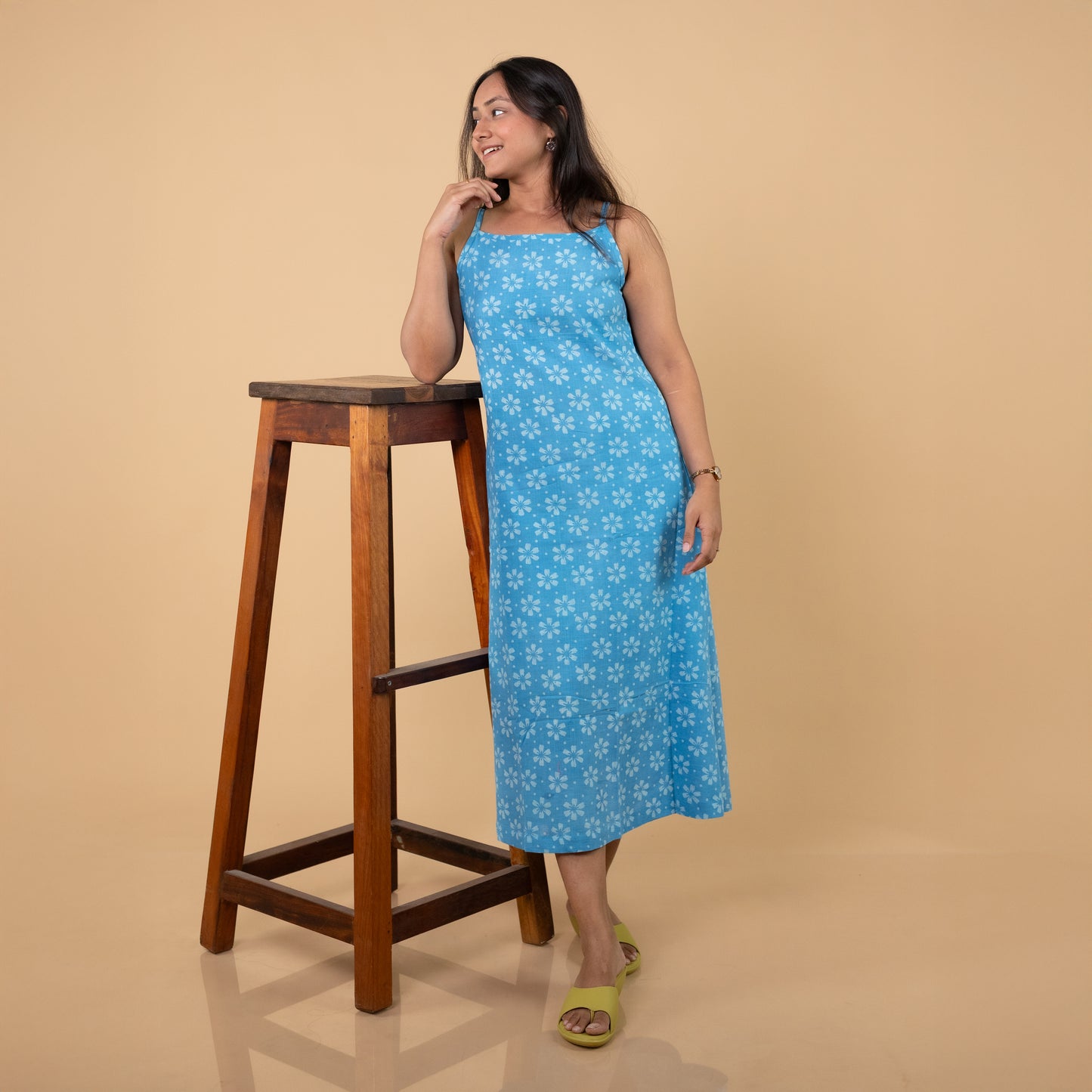 Dabu Slub Cotton Blue Floral Block Print Spagetti Strap Dress