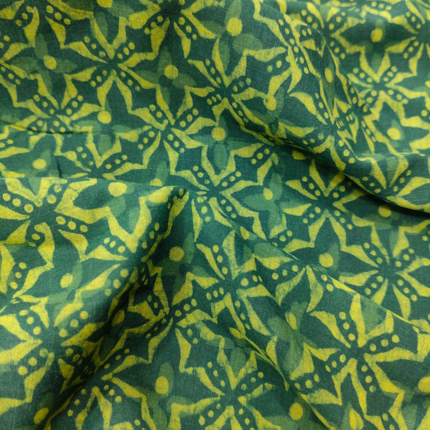 Dabu Green Slub Cotton  Floral Hand Block Printed Fabric