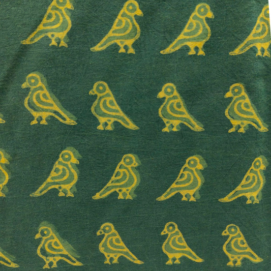 Dabu Green Bird Motif Hand Block Printed Fabric