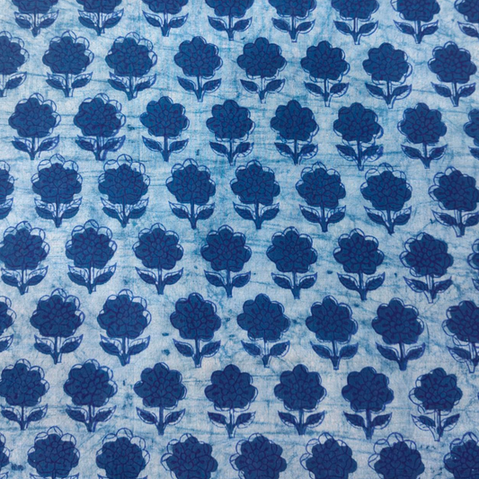 Dabu Blue Slub Cotton  Floral Hand Block Printed Fabric