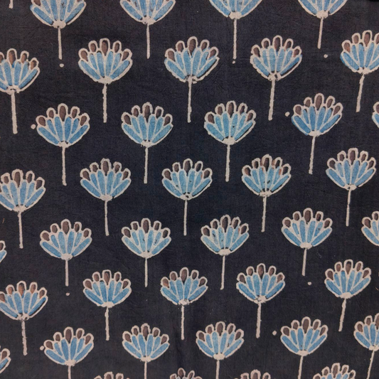 Ajrakh Black Floral Hand Block Printed Fabric