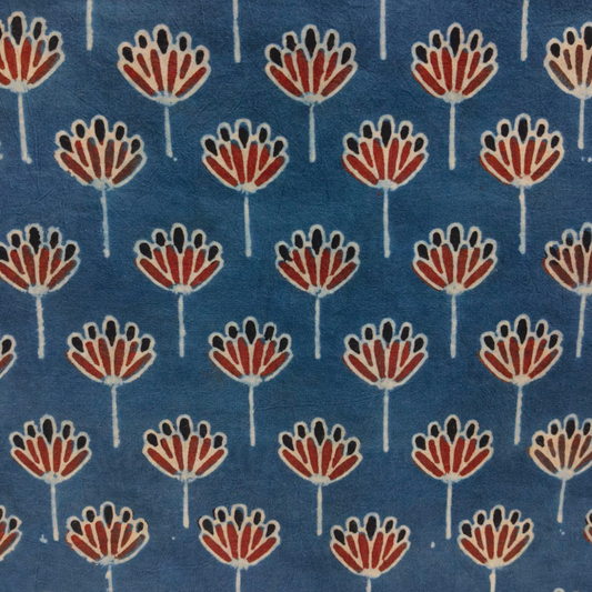 Ajrakh Blue Floral Hand Block Printed Fabric