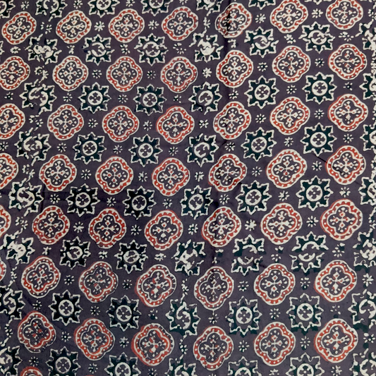 Modal Silk Ajrakh Brown Floral Hand Block Printed Fabric