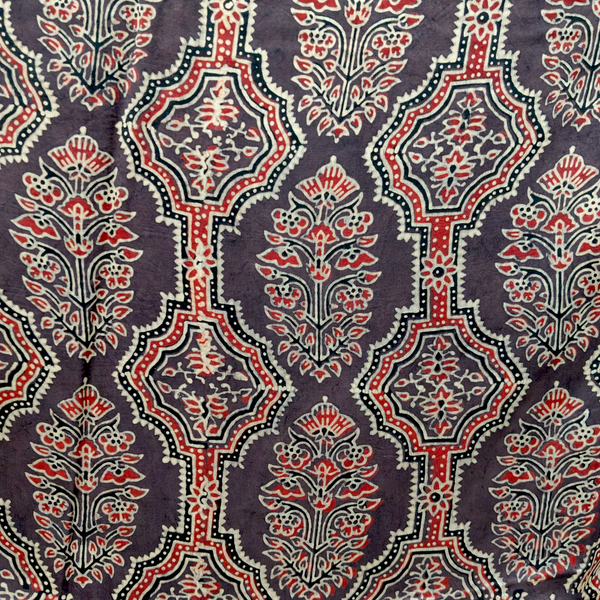 Modal Silk Ajrakh Brown Floral Hand Block Printed Fabric