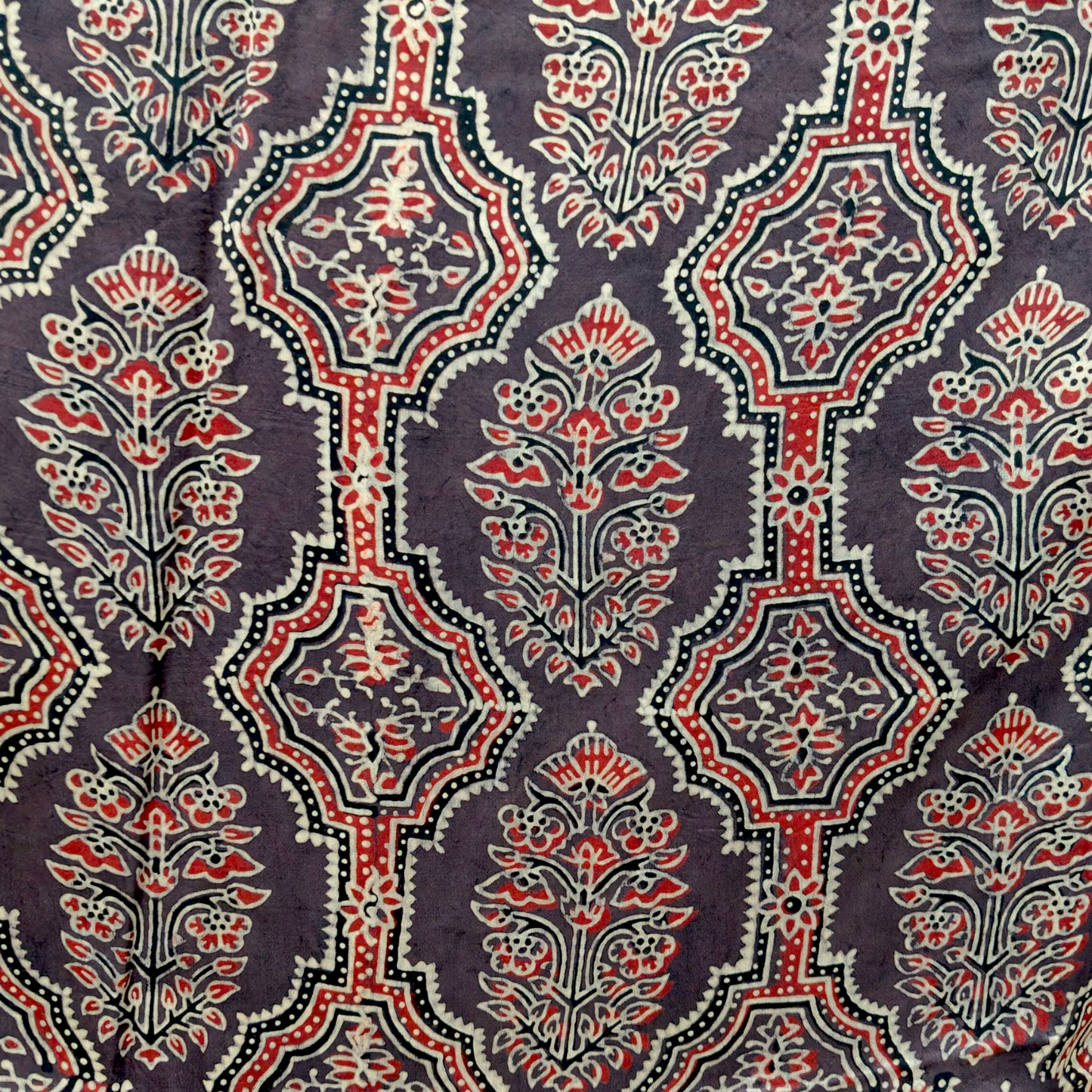 Modal Silk Ajrakh Brown Floral Hand Block Printed Fabric