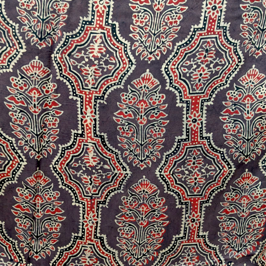 Modal Silk Ajrakh Brown Floral Hand Block Printed Fabric