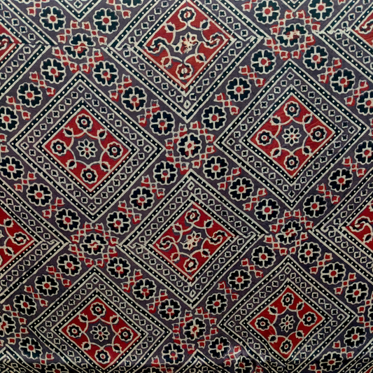 Modal Silk Ajrakh Brown Floral Hand Block Printed Fabric