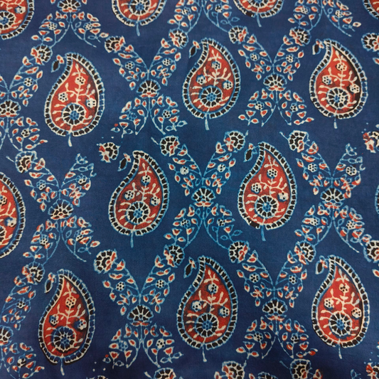Modal Silk Ajrakh Blue Floral Hand Block Printed Fabric
